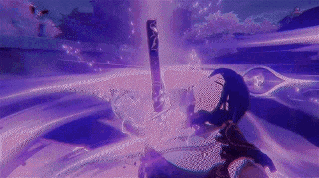 a person is holding a sword in their hand in a purple room .