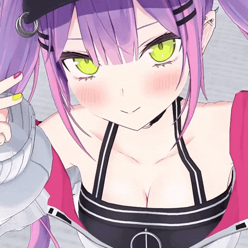 a girl with purple hair and green eyes is wearing a pink top