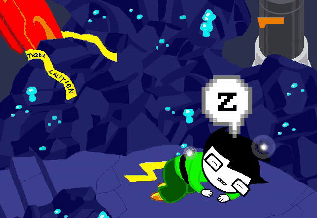a cartoon character is laying on the ground in front of a sign that says " caution "