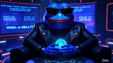a blue frog wearing sunglasses and a leather jacket is holding a glowing object in front of a screen that says hodl