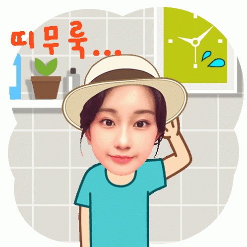 a cartoon drawing of a woman wearing a hat with a clock in the background