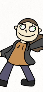 a cartoon of a girl with green eyes and a black jacket