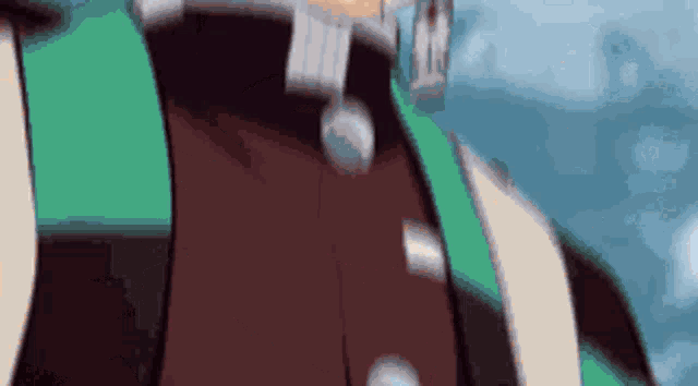 a close up of a person 's torso in a cartoon with a blue sky in the background .