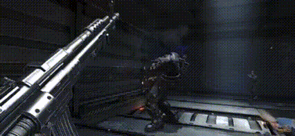a video game is being played in a dark room with a glowing light coming out of the ceiling .