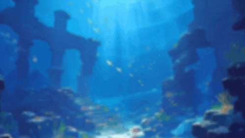 a blurred image of a coral reef with a cross in the water