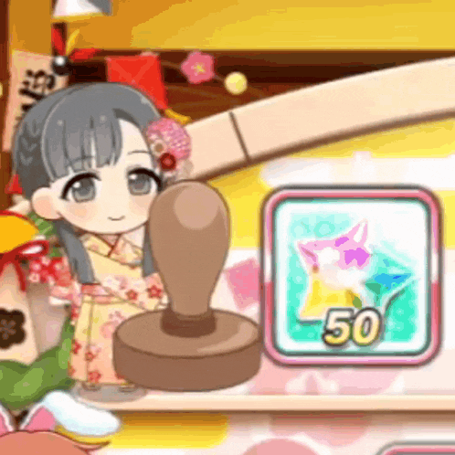 a cartoon girl in a kimono is holding a stamp next to a square with the number 50 on it .