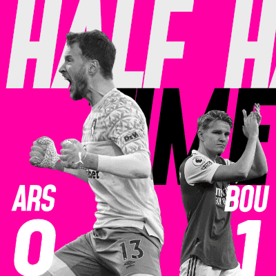 two soccer players on a pink background with the words half time