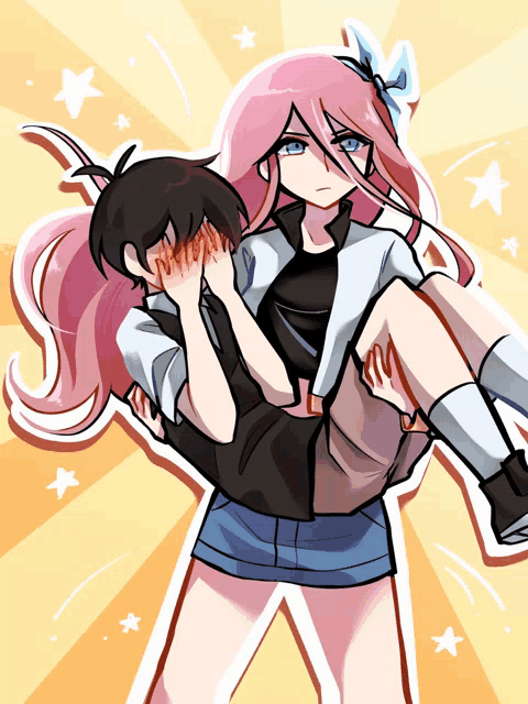 a girl with pink hair is carrying a boy with black hair