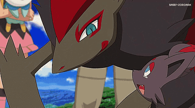a close up of a pokemon with the words sassy-zoroark below it