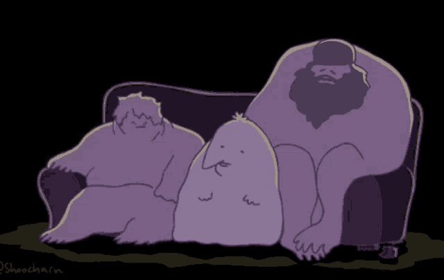 a drawing of a man with a beard laying on a couch with two purple monsters