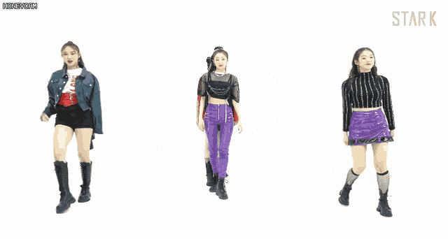 a group of girls are dancing in front of a white background that says star k on it