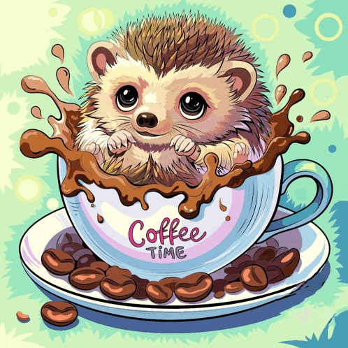 a hedgehog is splashing out of a cup of coffee