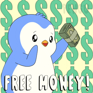 a penguin is holding a stack of money with the words free money written below it