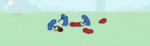 a cartoon drawing of a blue and red object on a green background