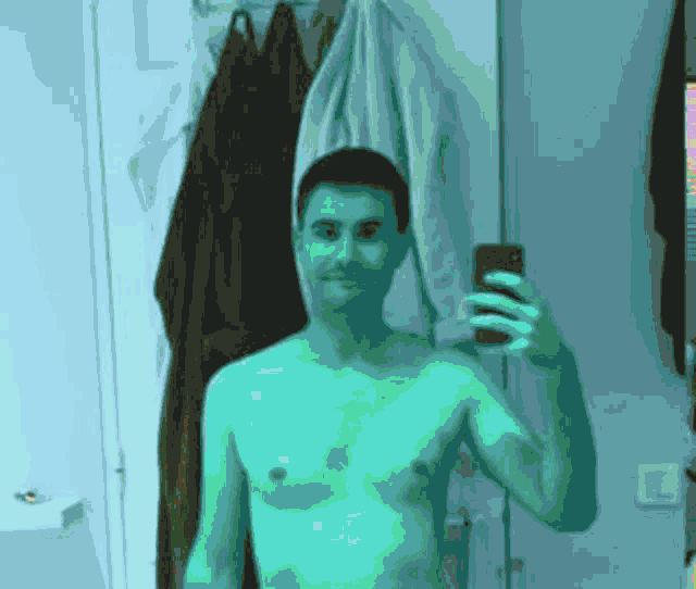 a shirtless man is taking a selfie in a bathroom