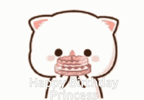 a cartoon cat is holding a birthday cake in its mouth and saying `` happy birthday princess '' .