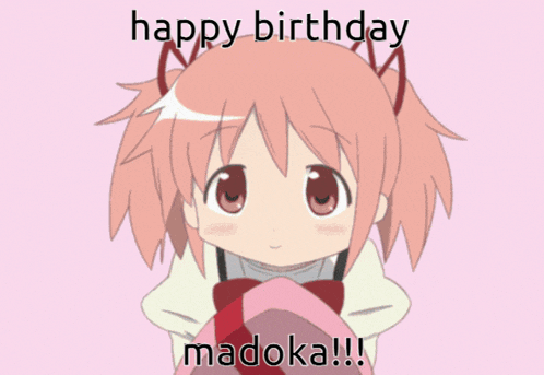 a pink anime girl is holding a gift box with the words happy birthday madoka written on it