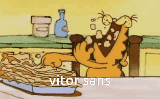 a cartoon of garfield eating a lasagna with the words vitor sans on the bottom