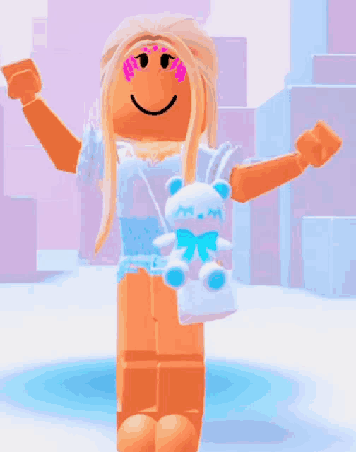 a girl with a smiley face is holding a teddy bear and a bag