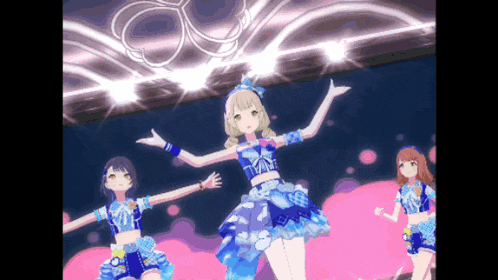 three anime girls are dancing on a stage in a video game