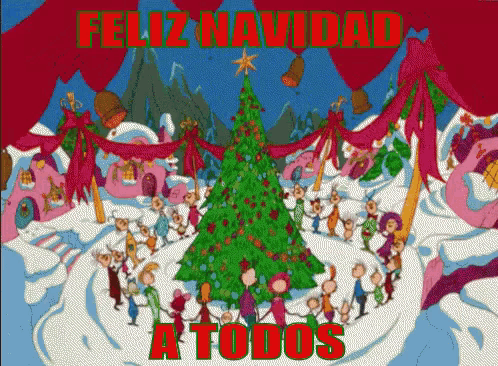 a cartoon scene with a christmas tree and the words feliz navidad a todos on the bottom
