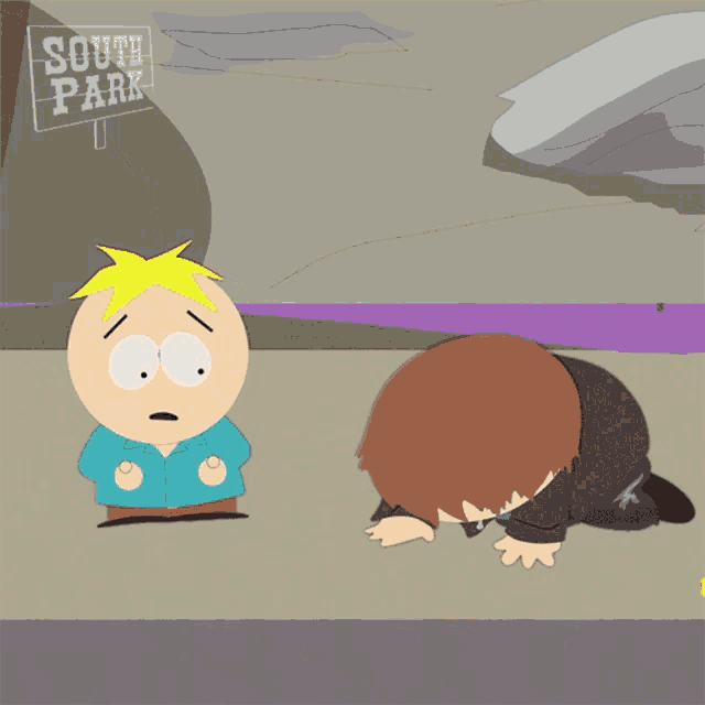 a cartoon character with a sign that says south park