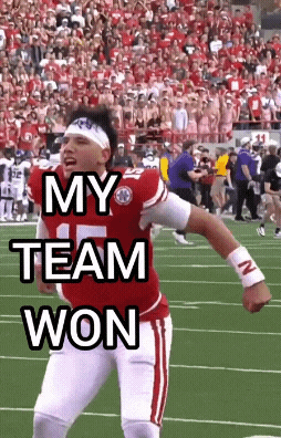 a football player celebrates on the field with the words my team won