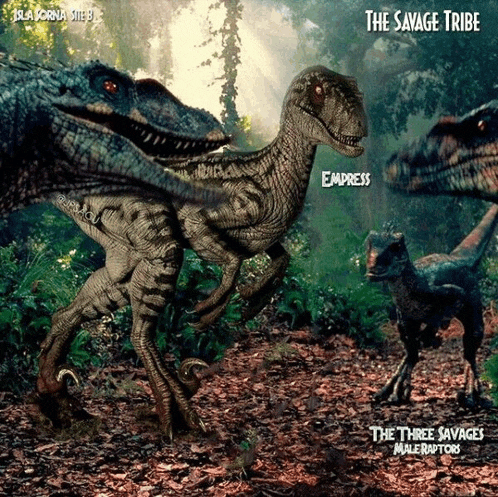 a poster for the savage tribe shows three dinosaurs in the woods
