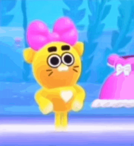 a yellow cartoon character with a pink bow on its head .