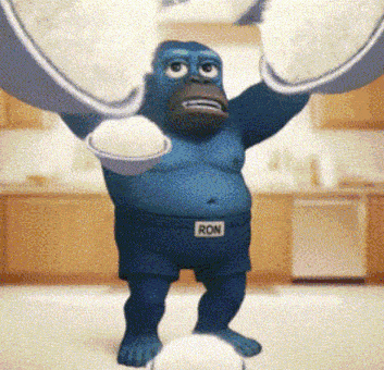 a blue gorilla with ron on his shorts