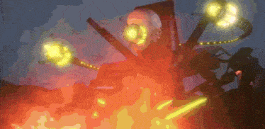 a computer generated image of a giant robot surrounded by flames .