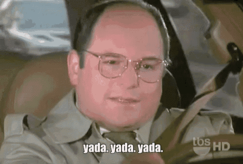 a bald man wearing glasses and a trench coat is sitting in a car and says yada yada yada .