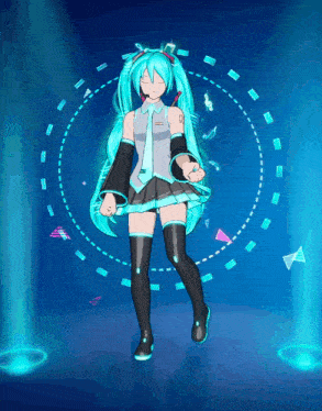 hatsune miku dancing in a video game with a blue background
