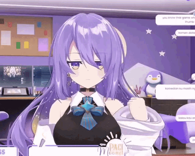 a girl with purple hair is talking to someone in a video game called pagi moony