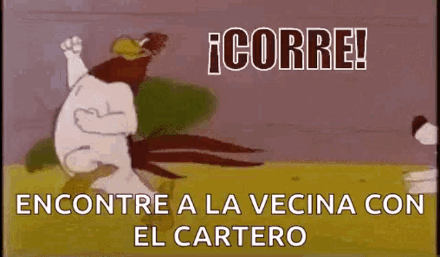 a cartoon of a rooster running with the words `` encuentre a la vecina con el cartero ''