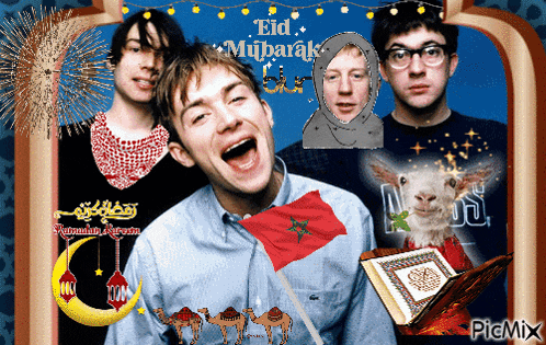 a picture of a group of people with the words eid mubarak on the top