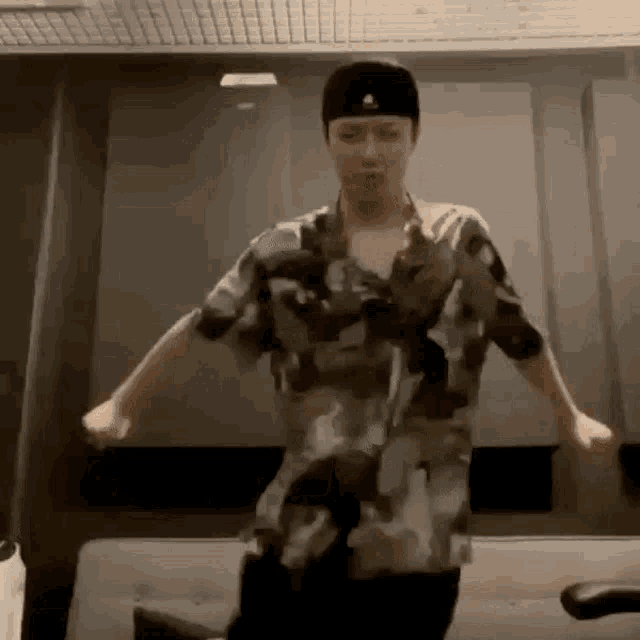 a man wearing a hat and a camouflage shirt is dancing in front of a mirror .