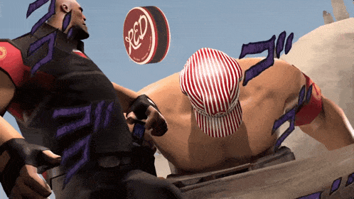 a red sign is being thrown in the air by a man wearing a hat