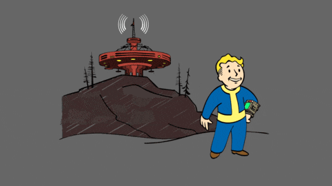 a cartoon of vault boy standing in front of a red tower