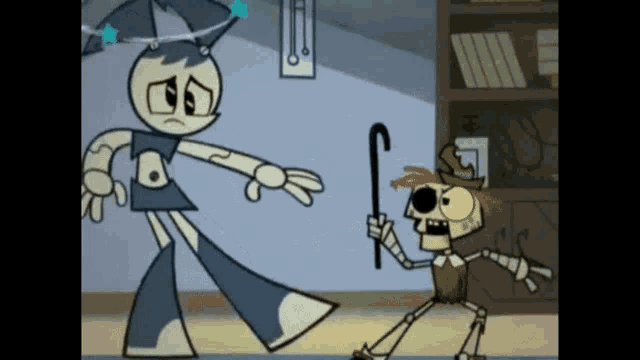 a cartoon of jenny standing next to a skeleton holding a cane .