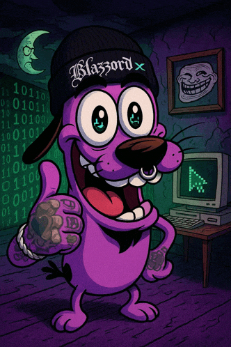 a cartoon of courage the cowardly dog wearing a black beanie that says blasord x