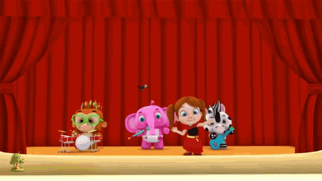a group of cartoon characters are standing on a stage
