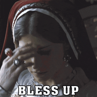 a woman with a veil on her head and the words bless up written above her