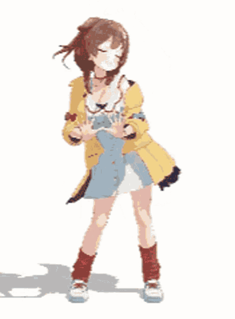 a girl in a yellow jacket and white dress is dancing