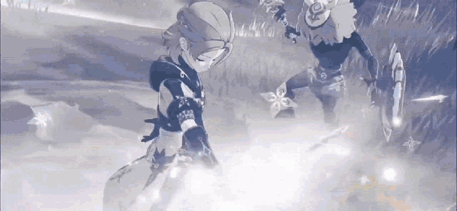 a couple of anime characters standing next to each other in a field in a video game .