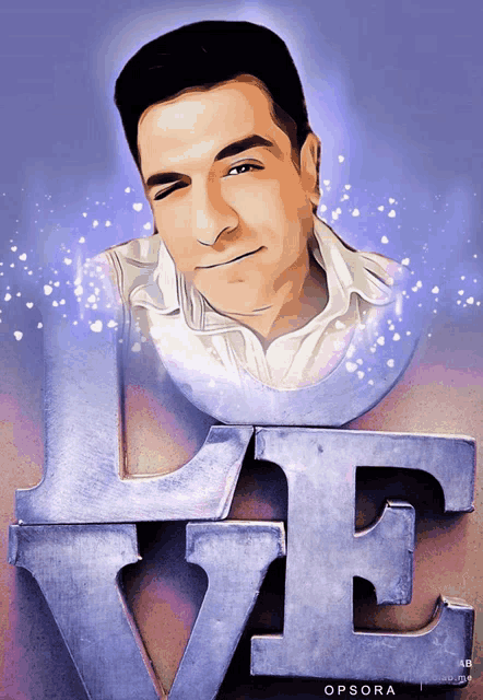 a drawing of a man with the word love in the background