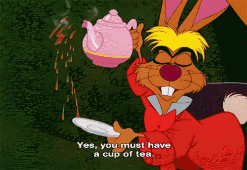 the mad hatter from alice in wonderland is pouring a cup of tea into a saucer
