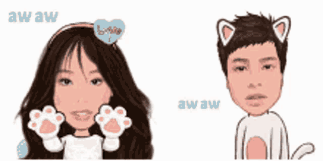 a cartoon of a girl and a boy with paws on their face