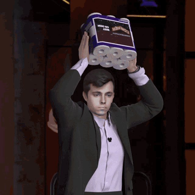 a man in a suit is holding a roll of toilet paper that says 888