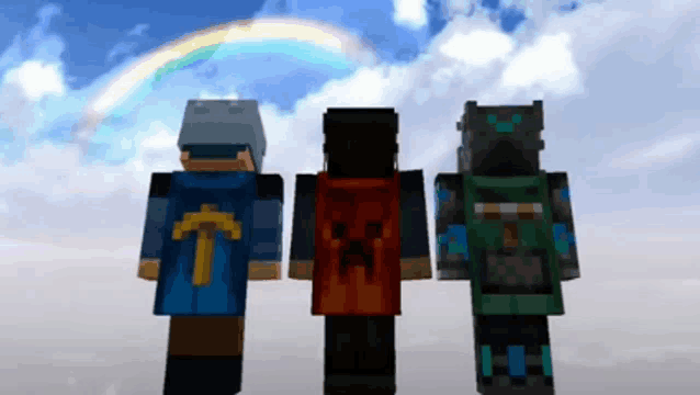 three minecraft characters are standing in front of a rainbow in the sky